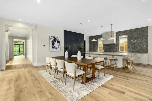 Dining room, Interior, Pendant Lights, Recessed Lighting, Wood Texture Flooring