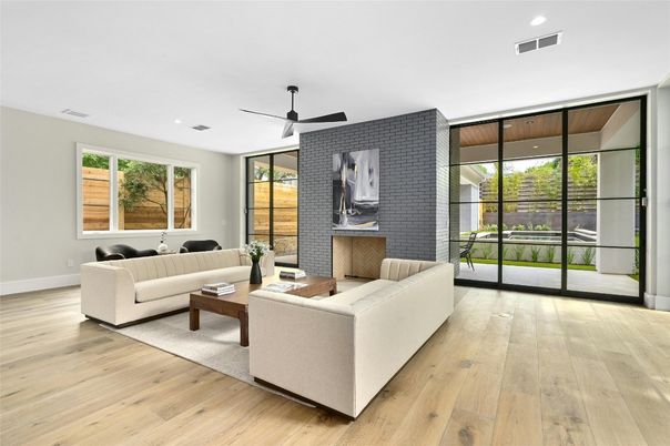Interior, Living room, Recessed Lighting, Stone Walls, Wood Texture Flooring