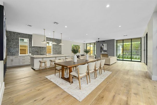 Dining room, Interior, Kitchen, Pendant Lights, Recessed Lighting, Wood Texture Flooring