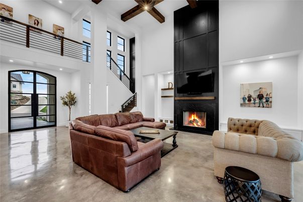 Fireplace, Interior, Living room, Recessed Lighting, Wooden Beams