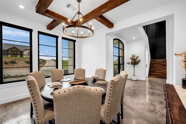 Dining room, Interior, Pendant Lights, Recessed Lighting, Wooden Beams