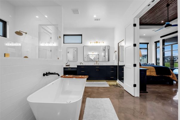 Bathroom, Bedroom, Dual Sink Vanities, Free Standing Baths, Glass Shower, Interior, Recessed Lighting