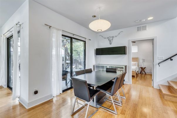 Dining room, Interior, Recessed Lighting, Wood Texture Flooring