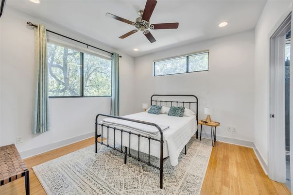 Bedroom, Interior, Recessed Lighting, Wood Texture Flooring