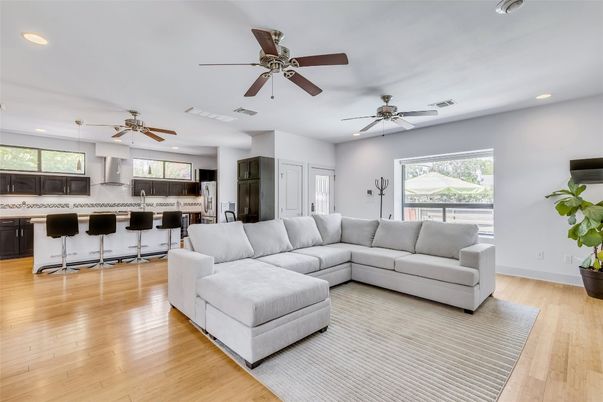 Interior, Kitchen, Living room, Pendant Lights, Recessed Lighting, Wood Texture Flooring
