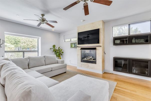 Fireplace, Interior, Living room, Recessed Lighting, Wood Texture Flooring
