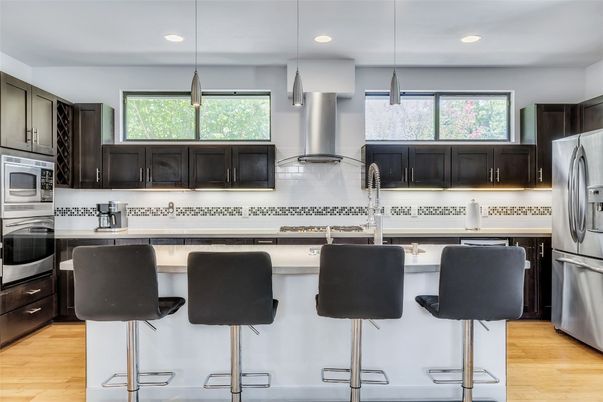 Interior, Kitchen, Pendant Lights, Recessed Lighting, Stainless Steel Appliances, Wood Texture Flooring