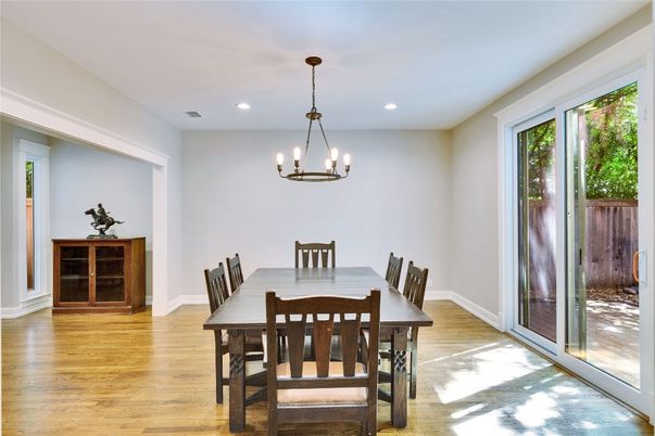 Chandelier, Dining room, Interior, Recessed Lighting, Wood Texture Flooring
