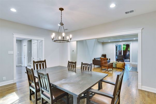 Chandelier, Dining room, Interior, Living room, Recessed Lighting, Wood Texture Flooring