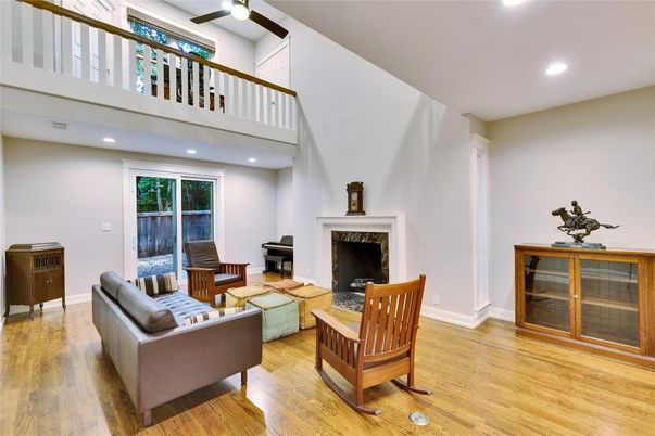 Fireplace, Interior, Living room, Recessed Lighting, Wood Texture Flooring