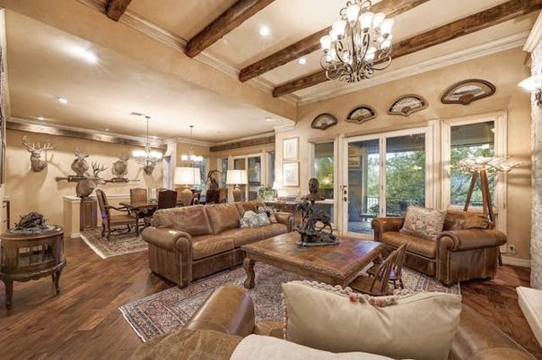 Chandelier, Dining room, Interior, Living room, Pendant Lights, Recessed Lighting, Wooden Beams, Wood Texture Flooring