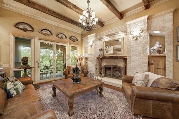 Chandelier, Fireplace, Interior, Living room, Stone Walls, Wooden Beams, Wood Texture Flooring