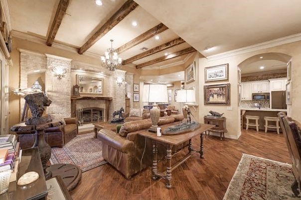 Chandelier, Dining room, Fireplace, Interior, Kitchen, Living room, Recessed Lighting, Stone Walls, Wooden Beams, Wood Texture Flooring