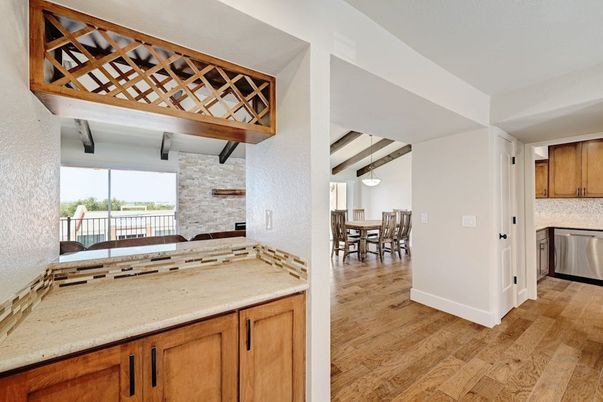 Dining room, Interior, Kitchen, Pendant Lights, Stainless Steel Appliances, Wood Texture Flooring