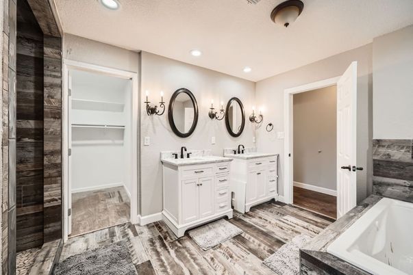 Bathroom, Dual Sink Vanities, Interior, Recessed Lighting, Wood Texture Flooring