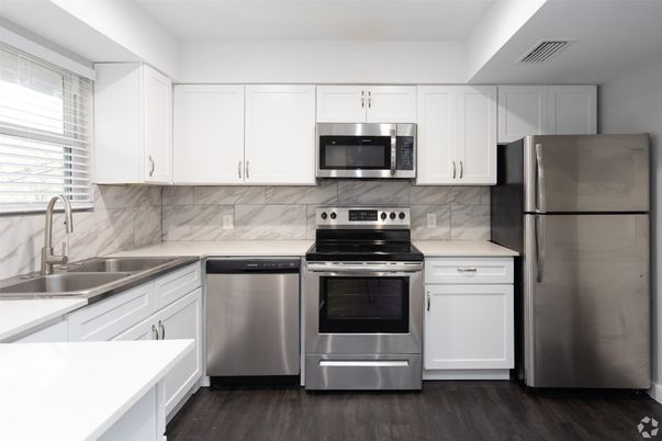 Interior, Kitchen, Marble Walls, Stainless Steel Appliances, Wood Texture Flooring