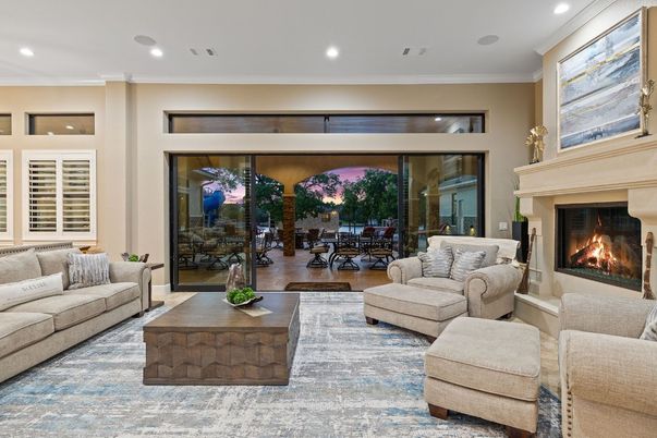 Dining room, Fireplace, Interior, Living room, Recessed Lighting, Wood Texture Flooring