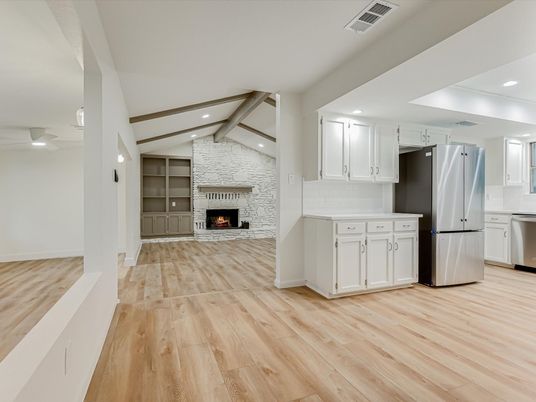 Fireplace, Interior, Kitchen, Recessed Lighting, Stone Walls, Wood Texture Flooring