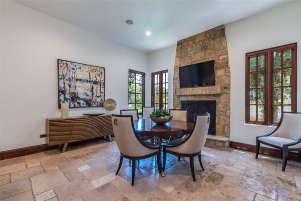 Dining room, Fireplace, Interior, Recessed Lighting, Stone Walls