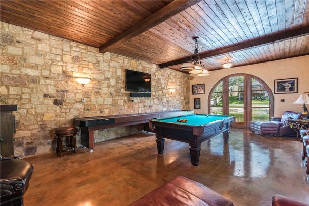 Billiard Table, Game Room, Interior, Stone Walls, Wooden Beams, Wooden Ceilings