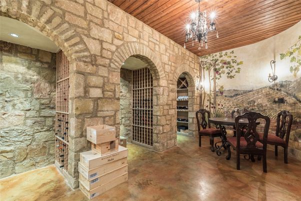 Chandelier, Dining room, Interior, Stone Walls, Wine Storage, Wooden Ceilings