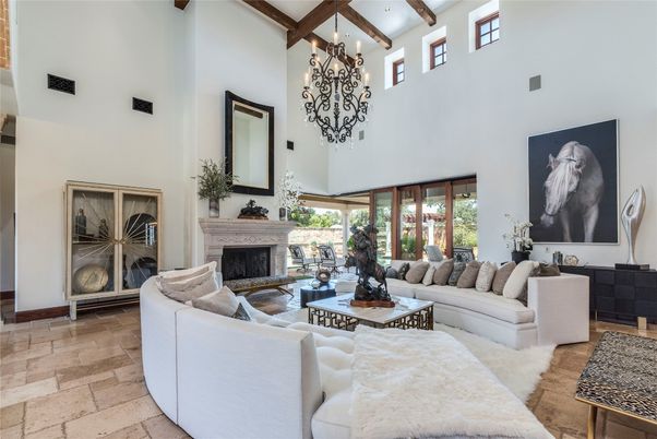 Chandelier, Fireplace, Interior, Living room, Pendant Lights, Wooden Beams