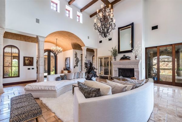 Chandelier, Fireplace, Interior, Living room, Recessed Lighting, Wooden Beams