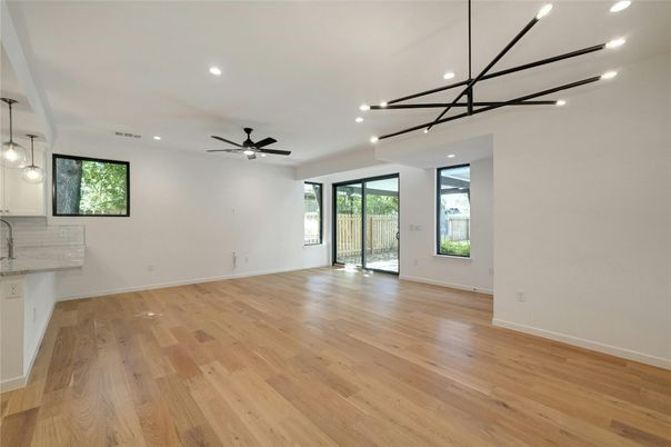 Empty room, Interior, Pendant Lights, Recessed Lighting, Wood Texture Flooring