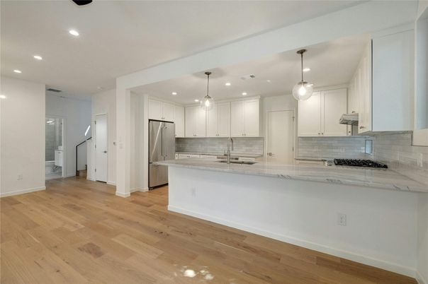 Interior, Kitchen, Pendant Lights, Recessed Lighting, Stainless Steel Appliances, Wood Texture Flooring