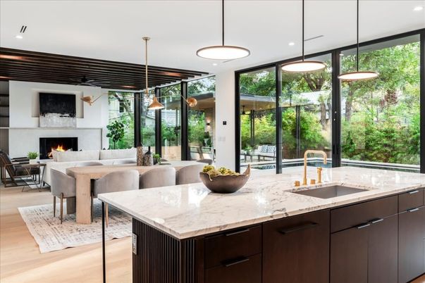 Dining room, Fireplace, Interior, Kitchen, Living room, Pendant Lights, Recessed Lighting, Wood Texture Flooring