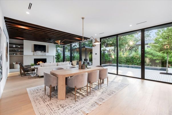 Dining room, Fireplace, Interior, Living room, Pendant Lights, Recessed Lighting, Wood Texture Flooring