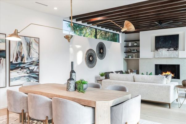 Dining room, Fireplace, Interior, Living room, Pendant Lights, Recessed Lighting, Wooden Beams, Wood Texture Flooring