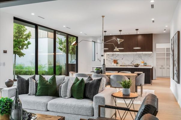 Dining room, Interior, Kitchen, Living room, Marble Walls, Pendant Lights, Recessed Lighting, Wood Texture Flooring