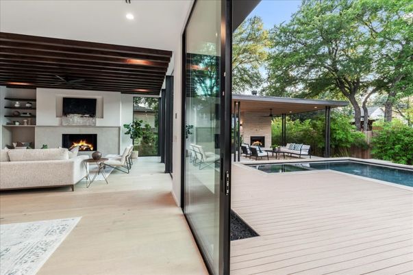Exterior, Fireplace, Pool, Wood Texture Flooring