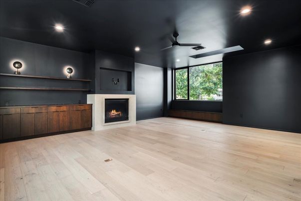 Empty room, Fireplace, Interior, Recessed Lighting, Wood Texture Flooring