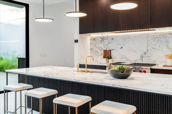 Interior, Kitchen, Marble Walls, Pendant Lights