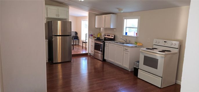 Interior, Kitchen, Stainless Steel Appliances, Wood Texture Flooring