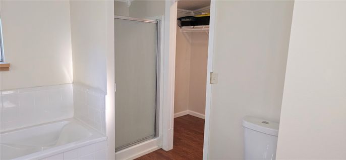 Bathroom, Glass Shower, Interior, Wood Texture Flooring