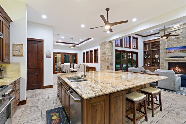 Fireplace, Interior, Kitchen, Living room, Recessed Lighting, Stone Walls