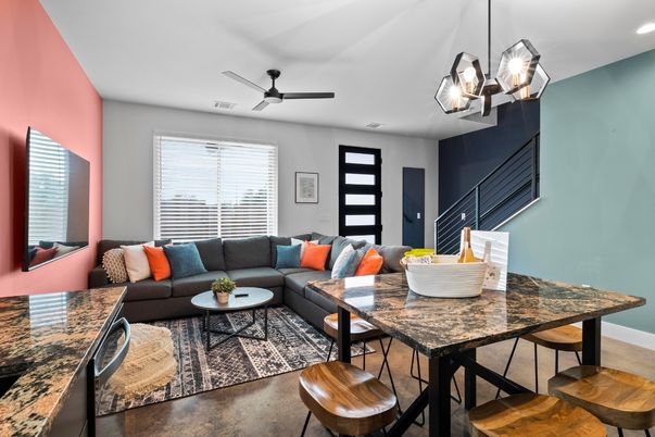 Dining room, Interior, Living room, Pendant Lights, Recessed Lighting, Wood Texture Flooring