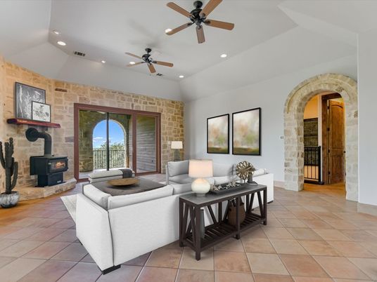 Fireplace, Interior, Living room, Recessed Lighting, Stone Walls