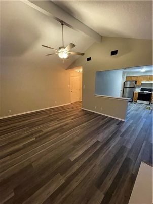 Empty room, Interior, Kitchen, Stainless Steel Appliances, Wood Texture Flooring
