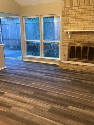 Empty room, Fireplace, Interior, Stone Walls, Wood Texture Flooring