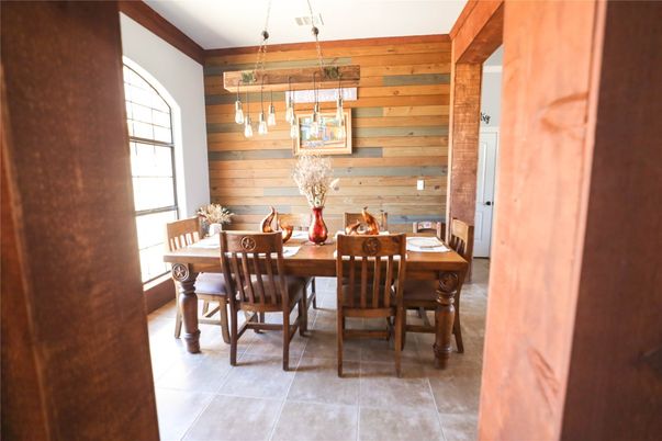 Dining room, Interior, Pendant Lights, Wooden Walls