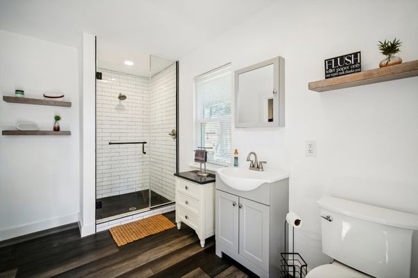 Bathroom, Glass Shower, Interior, Recessed Lighting, Wood Texture Flooring