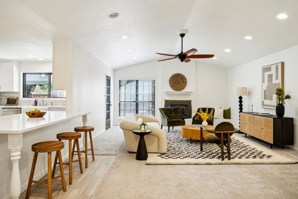 Fireplace, Interior, Kitchen, Living room, Recessed Lighting, Wood Texture Flooring