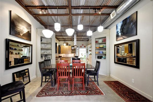 Dining room, Interior, Kitchen, Pendant Lights, Stainless Steel Appliances, Wooden Beams