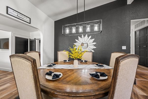 Dining room, Interior, Pendant Lights, Wood Texture Flooring