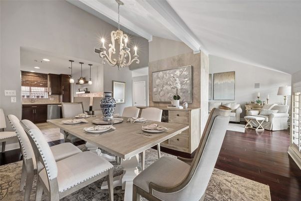Chandelier, Dining room, Interior, Kitchen, Pendant Lights, Recessed Lighting, Stainless Steel Appliances, Wood Texture Flooring