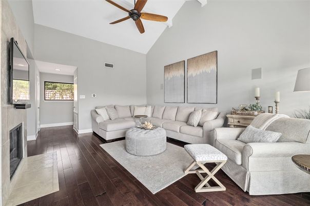 Fireplace, Interior, Living room, Recessed Lighting, Wood Texture Flooring